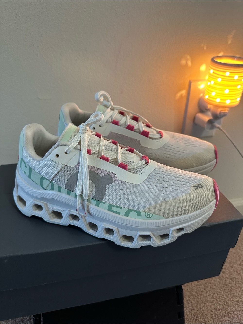 On Cloudmonster, Women's White Running Shoes with Mint and Pink Accents. Size 8